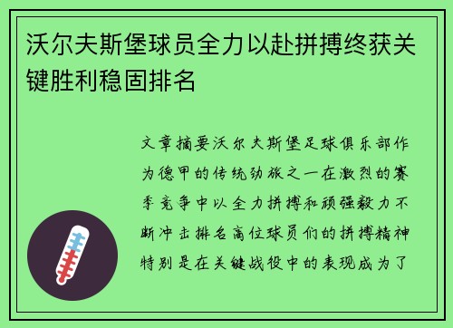 沃尔夫斯堡球员全力以赴拼搏终获关键胜利稳固排名 沃尔夫斯堡球员全力以赴拼搏终获关键胜利稳固排名