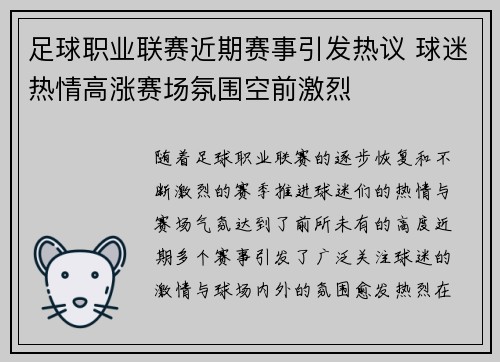 足球职业联赛近期赛事引发热议 球迷热情高涨赛场氛围空前激烈